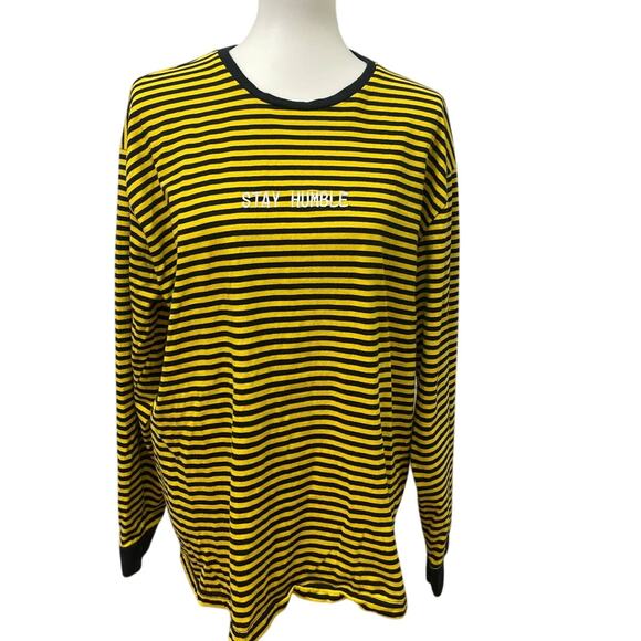 Forever 21 Men XL Stay Humble Black Yellow Striped Long Sleeve Crew Neck Tee - Picture 1 of 4